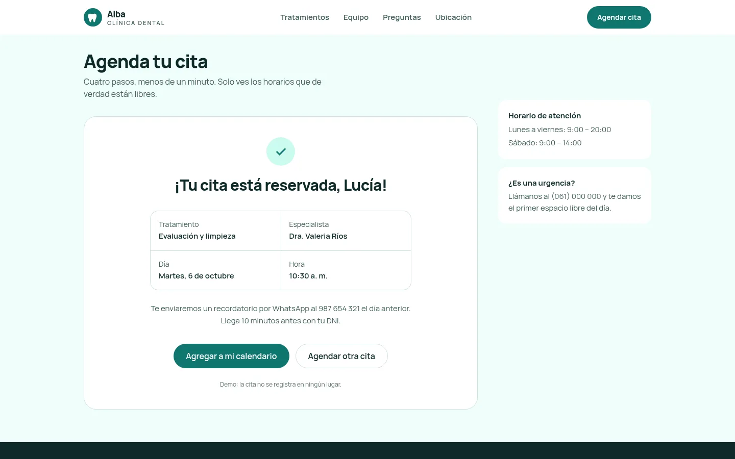 Confirmación de la cita con el resumen y el botón para agregarla al calendario