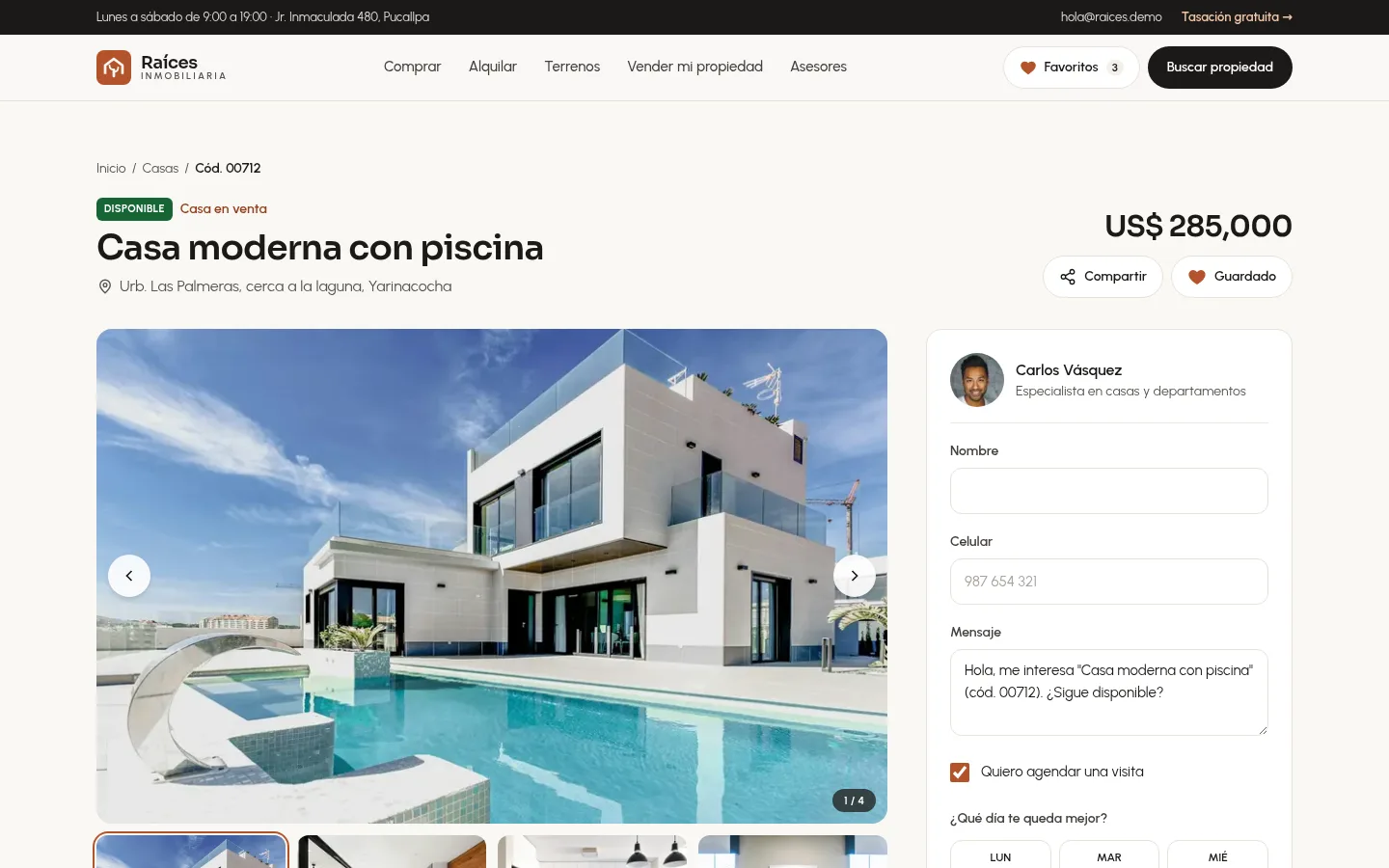 Ficha de una casa con galería, botones para compartir y guardar, y contacto con el asesor