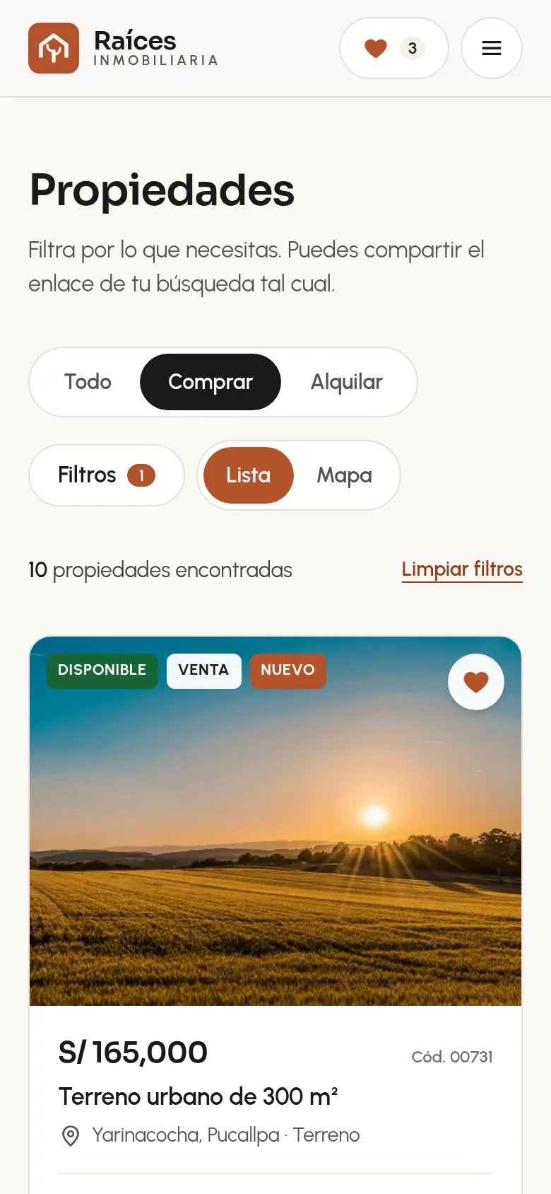 El buscador de propiedades en un celular
