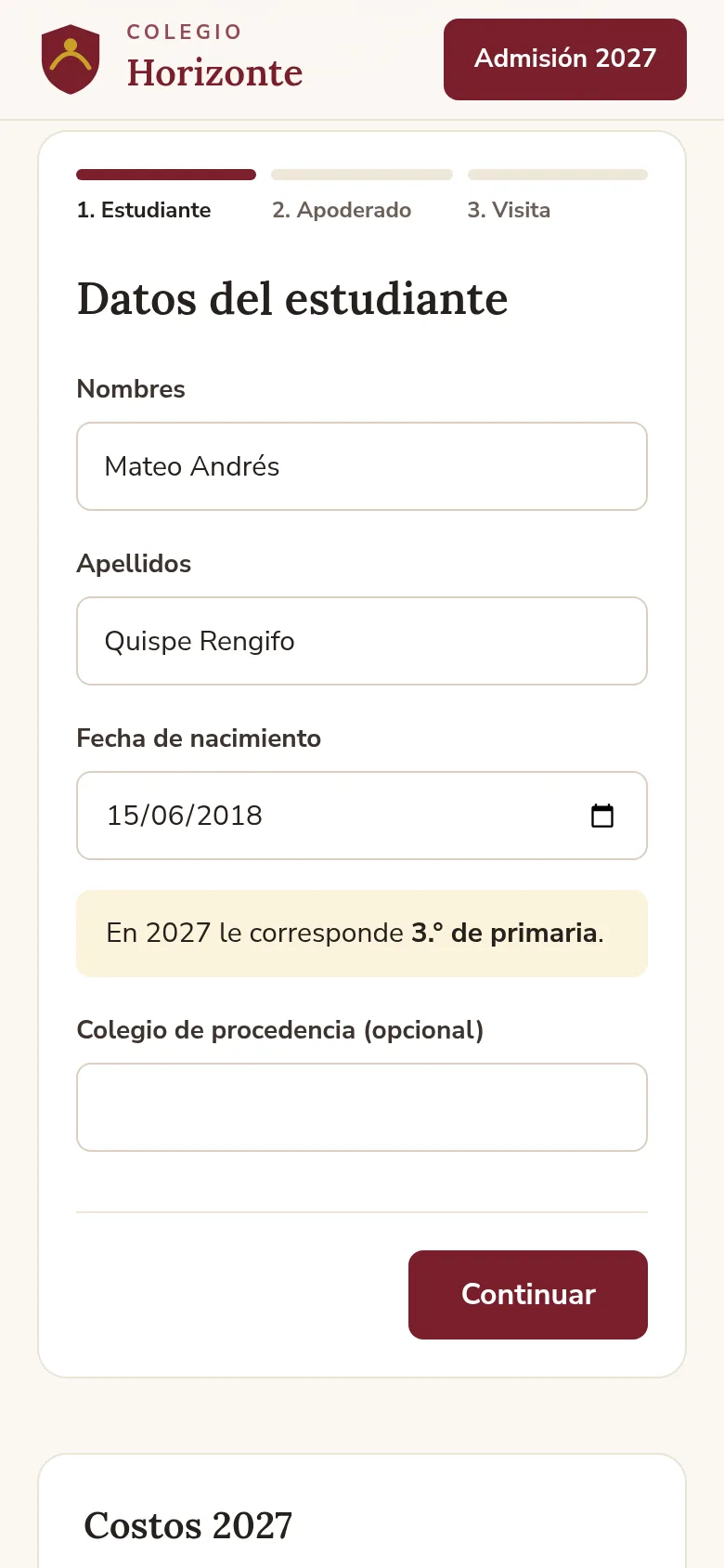 La página de admisión vista en un celular