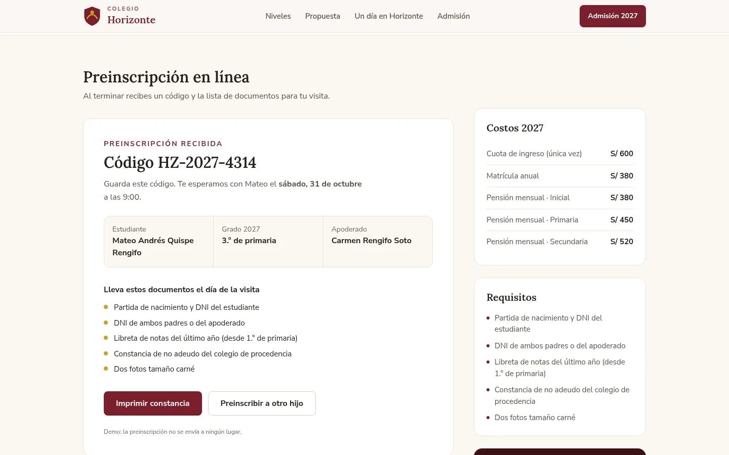 Constancia de preinscripción con código y lista de documentos
