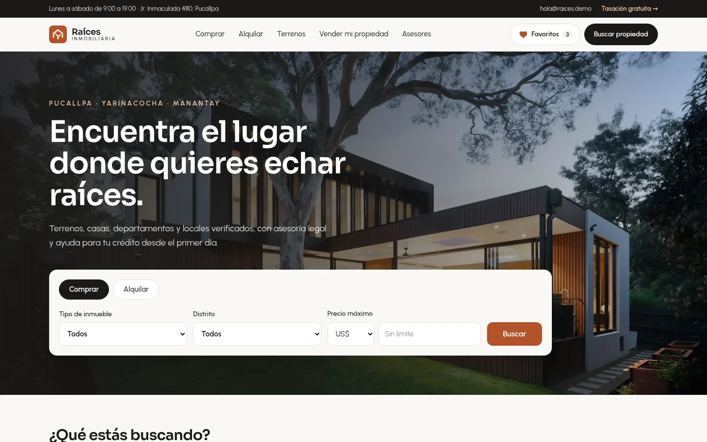 Página de inicio del demo Raíces Inmobiliaria