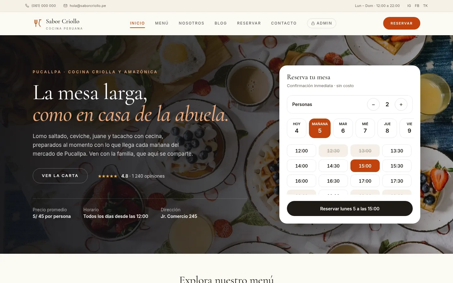 Portada del restaurante con el widget de reserva rápida y horarios disponibles